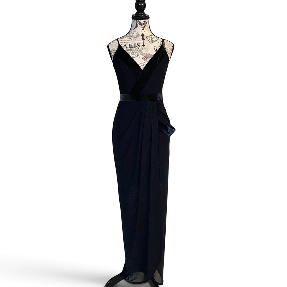 Guess Maxi Dress Women S Black Wrap V-Neck Faux Leather Trim Y2K Hoco Formal